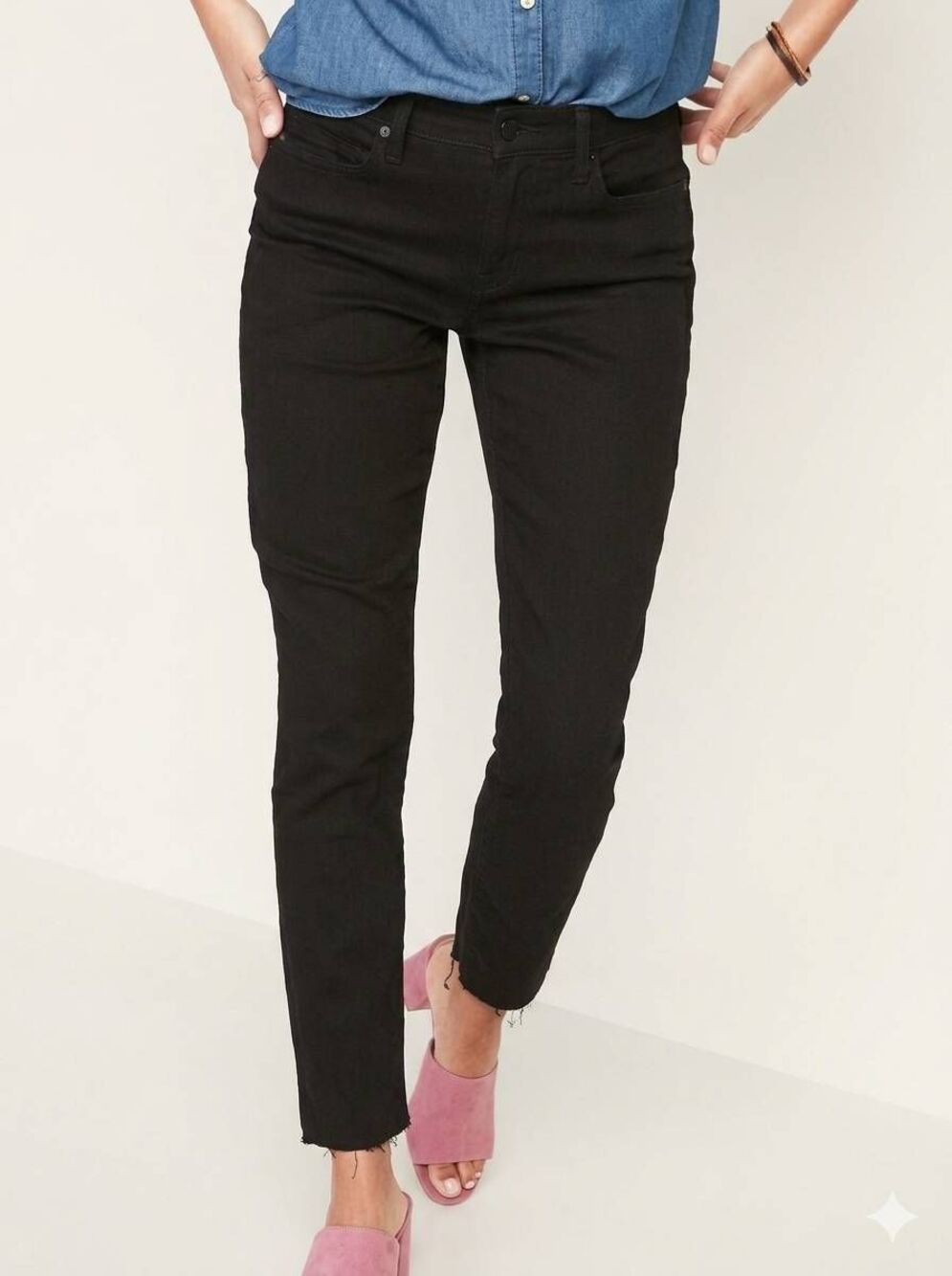 💜Old Navy Black Power Jeans Straight Ankle Raw Hem Jeans Size 10